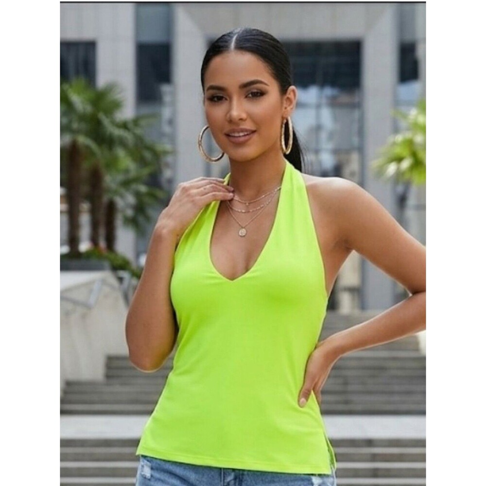 Neon Lime Green Halter Neck Top V-Neck Backless Summer Rave Festival Size S